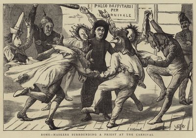 Rzym, maskerzy otaczający księdza na karnawale autorstwa Edward Frederick Brewtnall